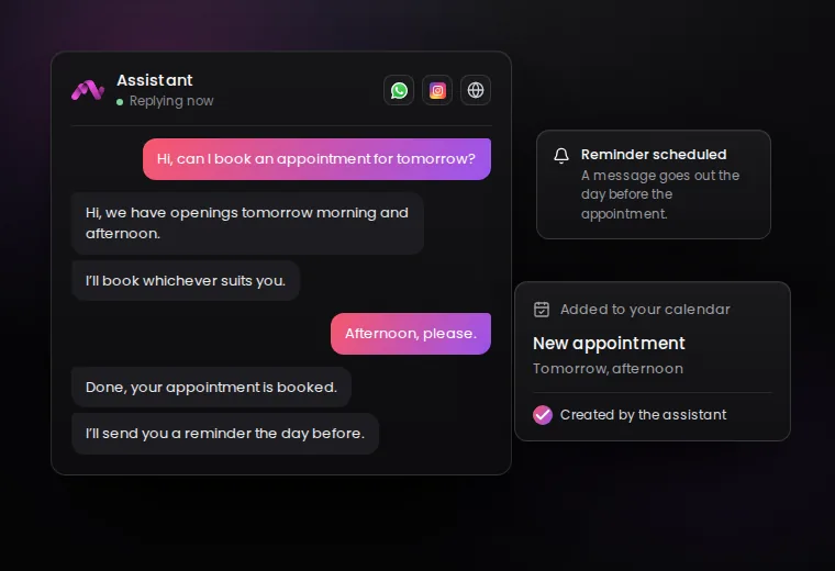 Sample chat: a customer asks for an appointment, and the assistant offers available times and books it