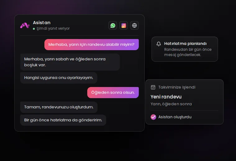 Örnek bir sohbet: müşteri randevu istiyor, asistan uygun saatleri sunup randevuyu oluşturuyor
