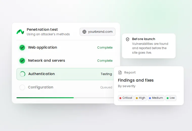 Sample penetration test screen: the areas being tested and the report